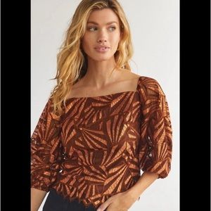 Eva Franco X Anthropologie Shine Bronze Lace Puff Sleeve Square Neck